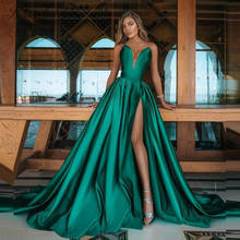 PEORCHID Dubai Emerald Green Evening Dress For Women Party Night Satin Vestidos Celebritis Arab High Slit Sexy Formal Gown 2020 2024 - buy cheap