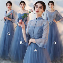 Dusty Blue Country Bridesmaid Dresses Long  2021 A Line Mixmatch Lace Maid Of Honor Dress With Sleeve Full Length Wedding Guest 2024 - buy cheap