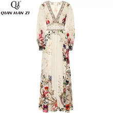 Qian Han Zi autumn designer fashion runway Maxi dress Women Lantern Sleeve V-neck Crystal Elegant Flower Print Beach Long Dress 2024 - buy cheap