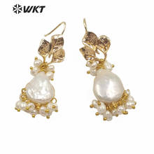 WT-MPE016  Vintage Natural freshwater pearl earring with gold electroplated wire wrapped leaf decoration earring elegant earring 2024 - buy cheap