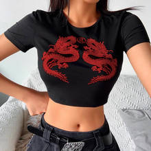 Harajuku sexy preto t-shirts feminino padrão de dragão culturas topos streetwear gótico bodycon curto camiseta feminina casual verão 2024 - compre barato