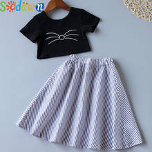 Sodawn Summer New Kids Clothes For Girls 2Pcs Black Short T-Shirt+Stripe Skirts Children Toddler Girls Clothing Sets 2024 - buy cheap