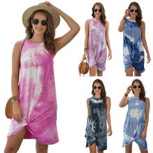 S-2XL Summer Sleeveless O-Neck Tie-Dye Printed Midi Tank Dress Front Twist Knot Irregular Casual Loose Beach Party Sundress 2024 - buy cheap