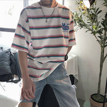 Футболка мужская оверсайз в Корейском стиле, смешная полосатая рубашка в стиле Харадзюку, уличная одежда в стиле хип-хоп, свободная футболка с рукавом до локтя, лето 2021 2024 - купить недорого