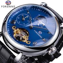 Forsining-reloj automático con correa de cuero, reloj mecánico de fase lunar, Tourbillon, resistente al agua, esfera azul, diseño de zona horaria Dual 2024 - compra barato