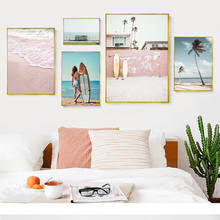 Pink Beach Surfing Canvas Prints Scandinavian Landscape Wall Poster Living Room Pictures Paintings quadro plakat 2024 - buy cheap