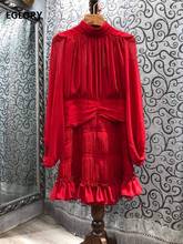 2021 Spring Summer Fashion Red Dress High Quality Women Stand Neck Pleated Ruffle Deco Long Sleeve Casual Dress Sexy Above Knee 2024 - buy cheap