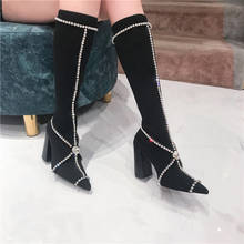 Sexy Shiny Rhinestone Straps Embellished Knitting Stretch Boots Chunky High Heels Fashion Women Slim Leg  Winter Long Boots 2024 - buy cheap