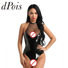 Wetlook Leather Bodysuit Women Swimwear Skinny Sleeveless Female Halter High Cut Bodysuit Mesh Sexy One Piece Lingerie Swimsuit 2024 - buy cheap