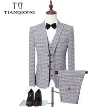 Grey Check Formal Men's Slim Fit Business Suits Wedding Tuxedos Suits for Men Bespoke 3 Pieces Traje Hombre Jacket Vest Pants 2024 - buy cheap