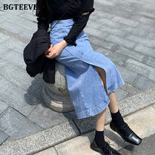 BGTEEVER Vintage Women Mid-length Denim Jeans Skirts 2021 Spring Summer Side Split Female Denim Skirts Casual Straight Skirts 2024 - buy cheap