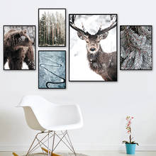 Snow Mountain-pósteres nórdicos de animales, pintura en lienzo para pared, decoración del hogar, sala de estar, bosque, ciervo y oso 2024 - compra barato