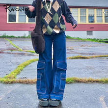 Rapcopter-pantalones vaqueros con bolsillos grandes para mujer, pantalón tipo Cargo, estilo Preppy Y2K, Harajuku, Vaqueros azules para correr, Vintage 2024 - compra barato