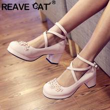 REAVE CAT New 2021 Ladies Pumps Sweet Lolita Japanese Princess Round Toe 5.5cm High Heels Buckle Platform Flower Summer A3306 2024 - buy cheap