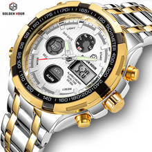 Luxury Men GOLDENHOUR Classic Business Quartz Watch Mens Fashion Dual Display Stainless Steel Wristwatches Waterproof Male Clock 2024 - buy cheap