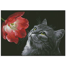 Coleção de ouro adorável kit de ponto cruz de contagem conjunto de ponto cruz cheiro de gato preto flor vermelha de tulipa frete grátis 2024 - compre barato