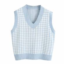 Houndstooth Waistcoat Women 2021 Fashion Loose Knitted Sweater Vest V Neck Sleeveless Side Vents Female Waistcoat Chic Tops 2024 - buy cheap