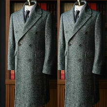 Классическое дизайнерское зимнее шерстяное пальто, серый пиджак с узором в елочку и отложным воротником, мужские костюмы на заказ, только официальный блейзер 2024 - купить недорого