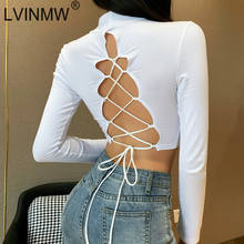 LVINMW Sexy Round Neck Long Sleeve Back Lace Up Hollow Out White Crop Top Woman tshirts Slim Trendy Solid Basic Tops Streetwear 2024 - buy cheap