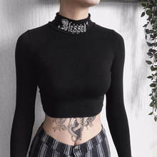 Women Black Bodycon Long Sleeve Crop Tops Gothic Harajuku Letter Embroidery Vintage Solid Tops Female Casual Basic Tops 2024 - buy cheap