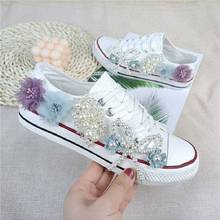 Canvas shoes women spring and summer new casual shoes pearl flowers fashion joker flat ribbon lace comfortable women 2024 - buy cheap