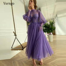 Verngo Elegant Lavender Dotted Tulle A Line Prom Dresses With Corseted Top Puff Sleeves Pockets Tea Length Evening Party Gowns 2024 - buy cheap