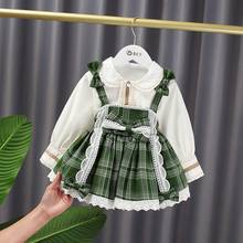 Fashion Girls Princess 2pcs Clothes Set Baby Kids Children Spring Long Sleeve T-shirt Tops+Bow Plaid Overall Dress Outfit S12039 2024 - buy cheap