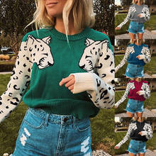 Nova moda feminina inverno blusas casual animal camuflagem leopardo tricô camisola alta rua jacquard o-pescoço solto pulôver 2024 - compre barato