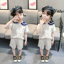 1-5 year girl clothes navy uniform summer two-piece solid color sweatshirt coat + beach pants Korean quality children's clothing 2024 - buy cheap