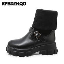 Women 12 44 Size 41 Black White Platform Boots Big Round Toe Shoes Knit Ankle Chunky 13 45 Flatform Harajuku Muffin Plus Winter 2024 - buy cheap