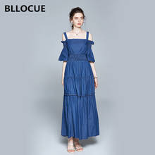 BLLOCUE 2020 Summer New Runway Spaghetti Strap Dress Women's Flare Sleeve Sexy Strapless Elegant Maxi Denim Dress 2024 - buy cheap