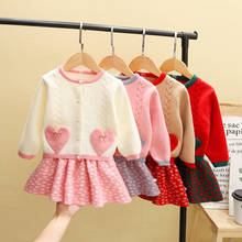 Cute Toddler Baby Girls Heart Pocket Cardigan and Skirt Set for Kids Lovely Children Xmas Outfit for New Year 1-5yrs 2024 - buy cheap