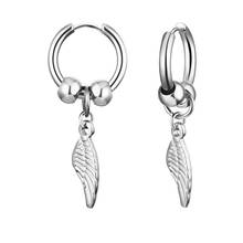 Silver Color Small Wing Hoop Huggie Earrings Stainless Steel Leaf Pendant Earrings Circle Ear Ring Tassel Korean Jewelry 2024 - buy cheap