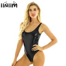 Iiniim-body feminino sem mangas, roupa de dança para mulheres, body em látex, holográfico de couro com corte alto, collant para ginástica 2024 - compre barato