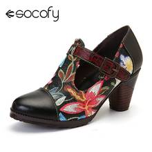 SOCOFY Folkways Colorful Flowers Stitching Genuine Leather Retro T-Strap Dress Pumps For Women Shoes Women Botines Mujer 2020 2024 - buy cheap