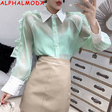 ALPHALMODA Pleated Trim Sleeve Turn-down Color Transparent Shirt + Bodice Women 2pcs Sexy Blouses Set Women Stylish Fashion Top 2024 - buy cheap