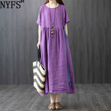 NYFS 2021 New Summer dress Vintage Solid Linen Woman Dress Short sleeve loose large Size Dresses Vestidos Robe Elbise 2024 - buy cheap