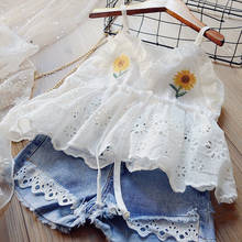 Baby girl clothes 2-8 years old summer fashion sling suit girls embroidered lace sling top + denim shorts two-piece baby girl 2024 - buy cheap