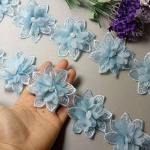 Cinta de encaje bordada con flores y perlas, tela de gasa azul cielo Soluble, hecha a mano, costura artesanal para decoración de disfraces 2024 - compra barato