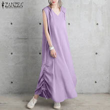 Women's Irregular Sundress ZANZEA 2021 Fashion Drawstring Summer Dress Solid Vestidos Female Casual V Neck Robe Femme Oversize 7 2024 - buy cheap