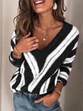 Fashion Women Autumn V Neck Striped Long Sleeve Sweater Casual Womens Loose Knit Pullover Sexy Jumper Tops Pullover Knitted Top 2024 - buy cheap