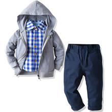 2-6 Years Suit For Boy Kids Clothes Toddler Boy Outfits Grey Hooded Coat + Plaid Shirt + Blue Pants Autumn Costume Children 2024 - buy cheap