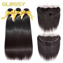 GLOSSY Straight Human Hair Bundles With 13x4 Lace Frontal Natural Color 3 Bundles With Brazilian Closure Hair Weaves Extension 2024 - buy cheap