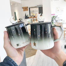 Arte literario simple, taza de agua de cerámica del vientre estrellado de color degradado con tapa con cuchara, taza creativa, taza de café de negocios 2024 - compra barato
