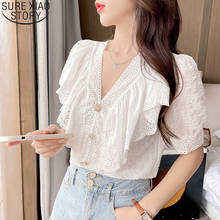 Novo doce camisa de renda 2021 verão moda feminina blusa branca botão de algodão para cima camisa feminina tops manga curta babados roupas 14197 2024 - compre barato