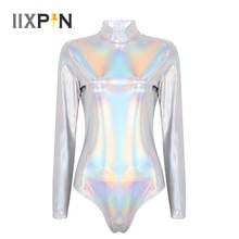 Collant bodysuit feminino ballet dance wear brilhante metálico gola alta mangas compridas de ginástica collant bodysuit clubwear 2024 - compre barato