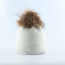Winter Hat Women Wool Rhinestone Knit Beanie Autumn Real Raccoon Pompom Warm Brim Outdoor Skiing Snow Accessory For Teenagers 2024 - buy cheap