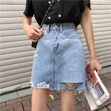 Casual Korean Women Solid Denim Hole Empire Mini A-Line Skirt Summer Kawaii Students High Waist Female Above Knee Skirts 2024 - buy cheap