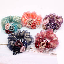 Elegante feminino acessórios para o cabelo corda de cabelo rosa flor cristal grânulos anel de cabelo moda jóias para o cabelo senhora coreana 2024 - compre barato