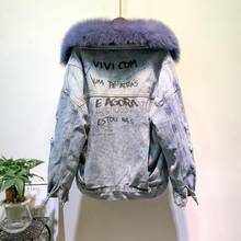 Женская джинсовая куртка с подкладкой из кроличьего меха, теплая зимняя куртка с воротником из натурального Лисьего меха и бусинами, F25 2024 - купить недорого